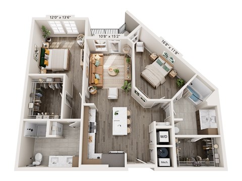 Floor plan for 2 beds, 2 baths, 1192 sqft